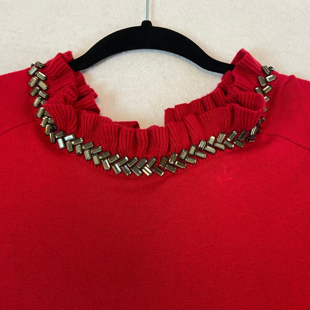 RSVP by Talbots‎ Red Beaded Ruffle Neck Sweater Size M Cashmere Blend Bow Tie - Picture 2 of 8